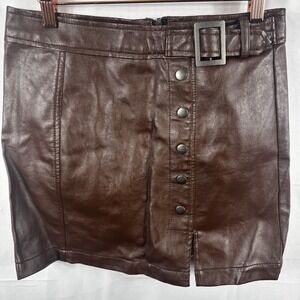 NWT Harper Heritage Brown Faux Leather Button Front Belted Mini Skirt